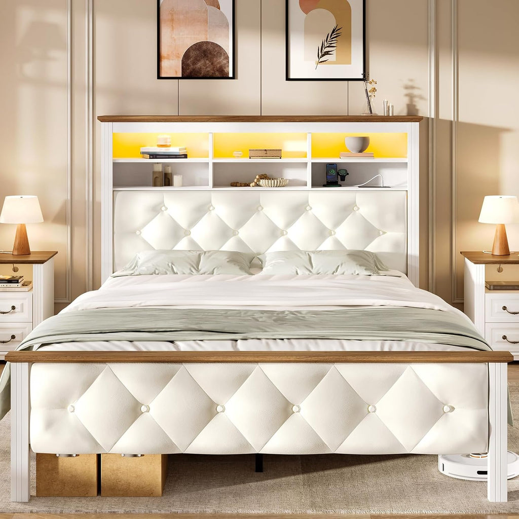 Farmhouse Full Bed Frame with 51" Tall Headboard, Upholstered Full Size Bed Frame with Storage, Charging Station and LED Light, Heavy Duty Wooden Slats, No Box Spring Needed，White