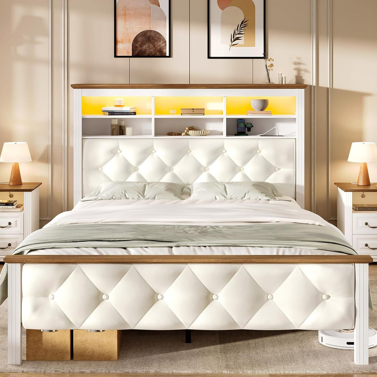 Farmhouse Full Bed Frame with 51" Tall Headboard, Upholstered Full Size Bed Frame with Storage, Charging Station and LED Light, Heavy Duty Wooden Slats, No Box Spring Needed，White