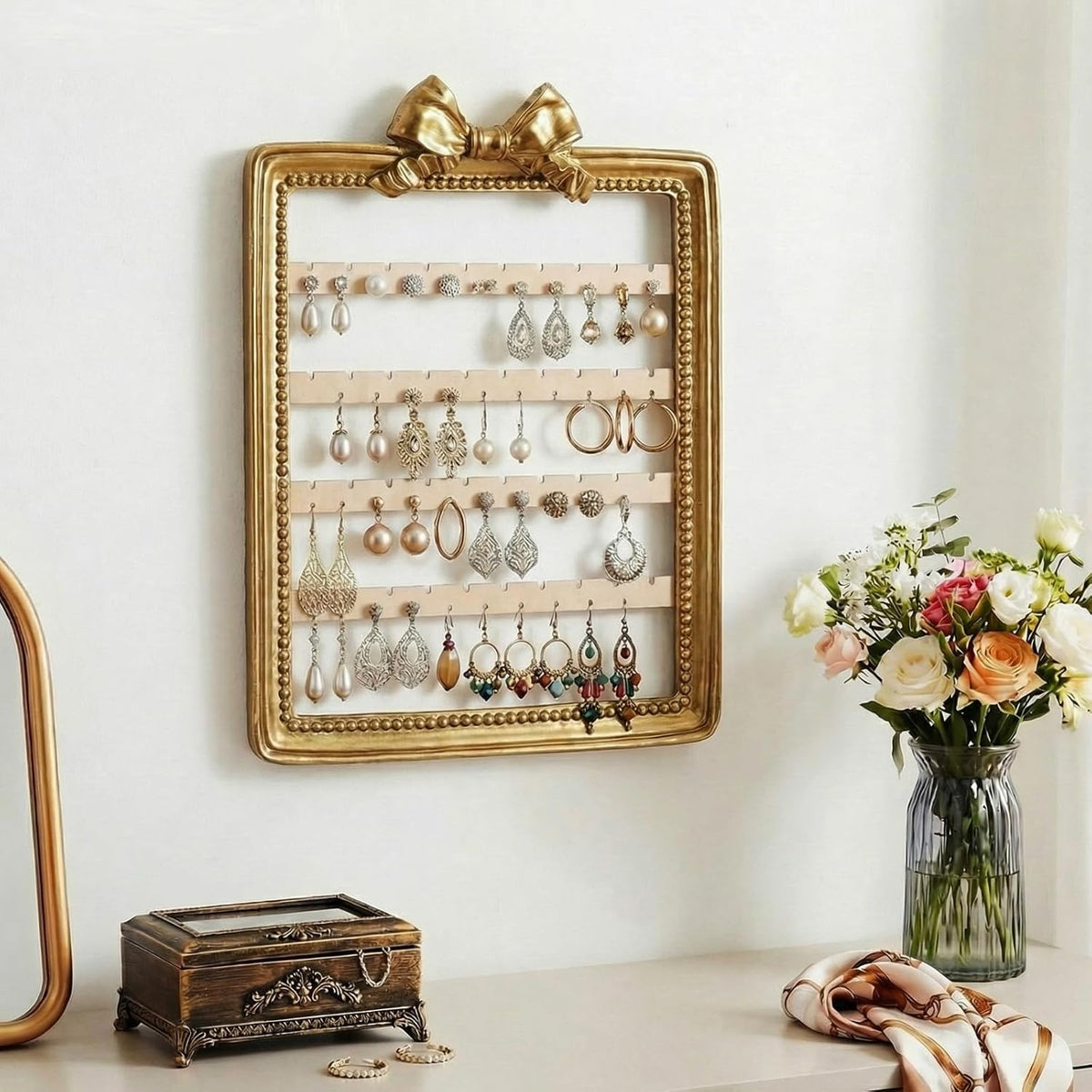 12 x 9.5 Inches Earring Organizer Wall Mounted Jewelry Holder Hanging Vintage Display Rack with 4 Tiers Elegant Earring Holder for Women Necklaces Bracelets Jewelry Storage Gift(Bow)