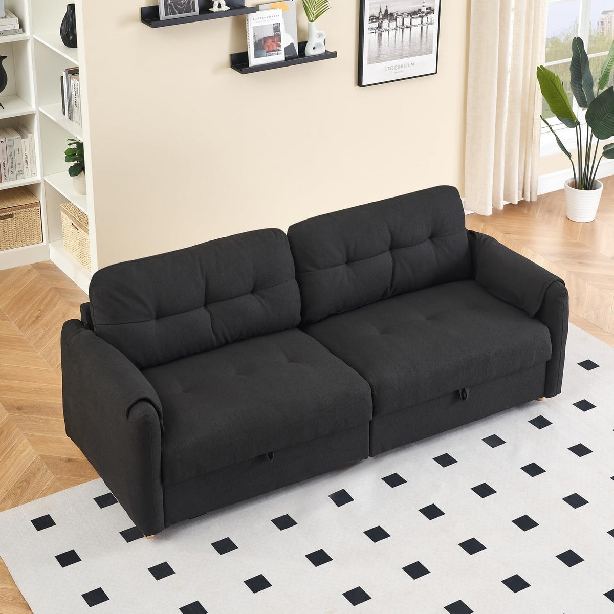 79.50-inch Loveset Couches for Living Room, Modern Teddy Fabric Upholstered Sofa Couch with Seats Storage, Comfy 3-Seater Couch for Bedroom, Office, Apartment (Black)