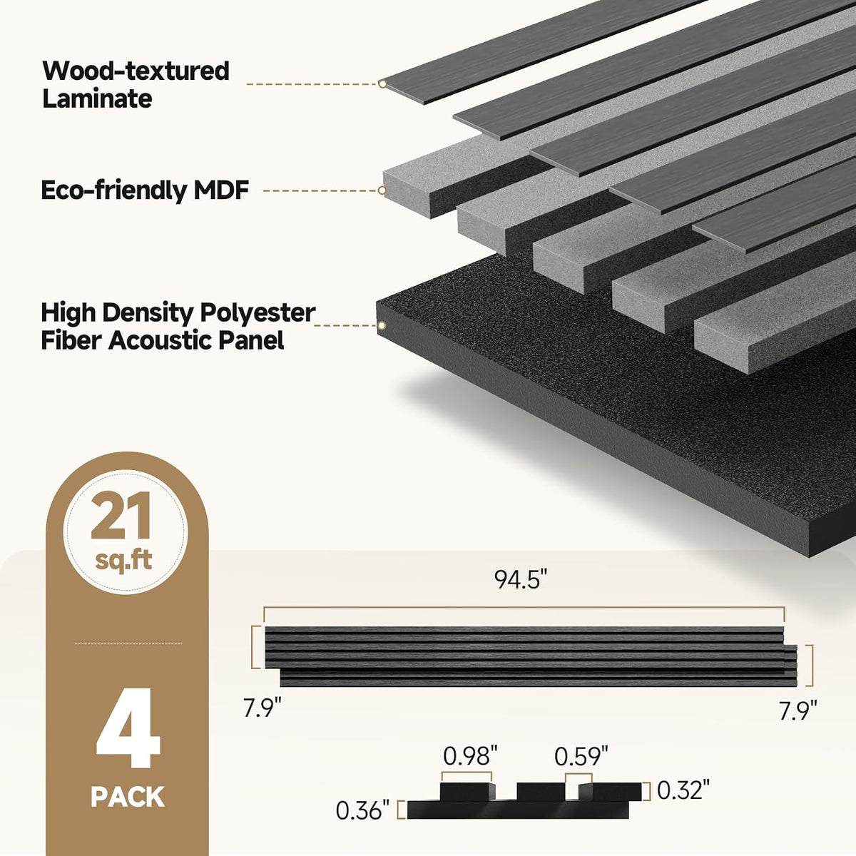 Soundproof Wood Slat Wall Panels, 4 Pack 94.5" x 7.9", Black