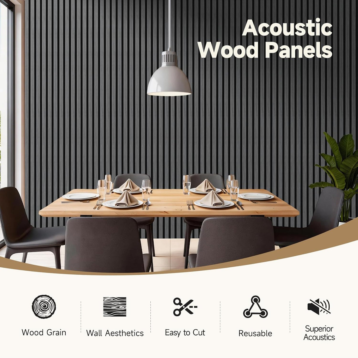 Soundproof Wood Slat Wall Panels, 4 Pack 94.5" x 7.9", Black