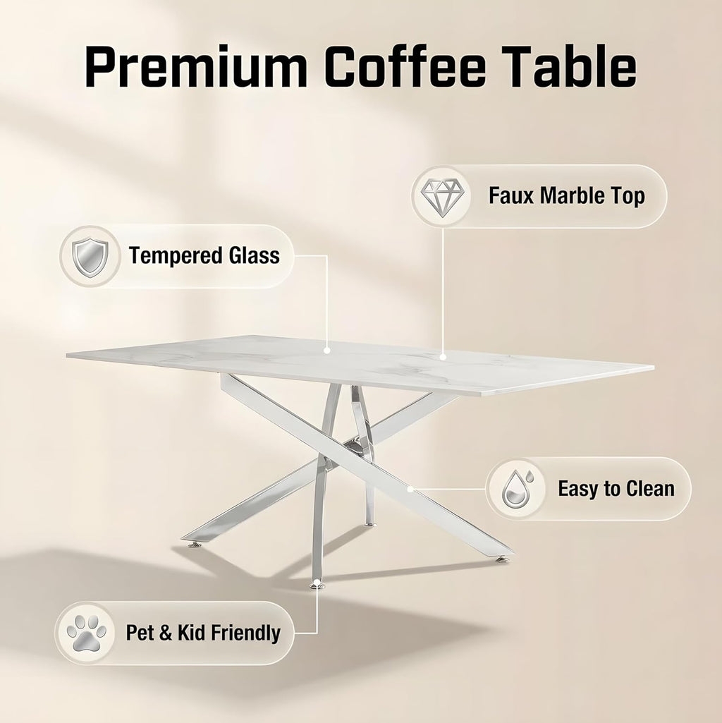 Modern Coffee Table with Marble Grain Top，White Coffee Tables with Silver Legs,Living Room Rectangular Glass Center Tables