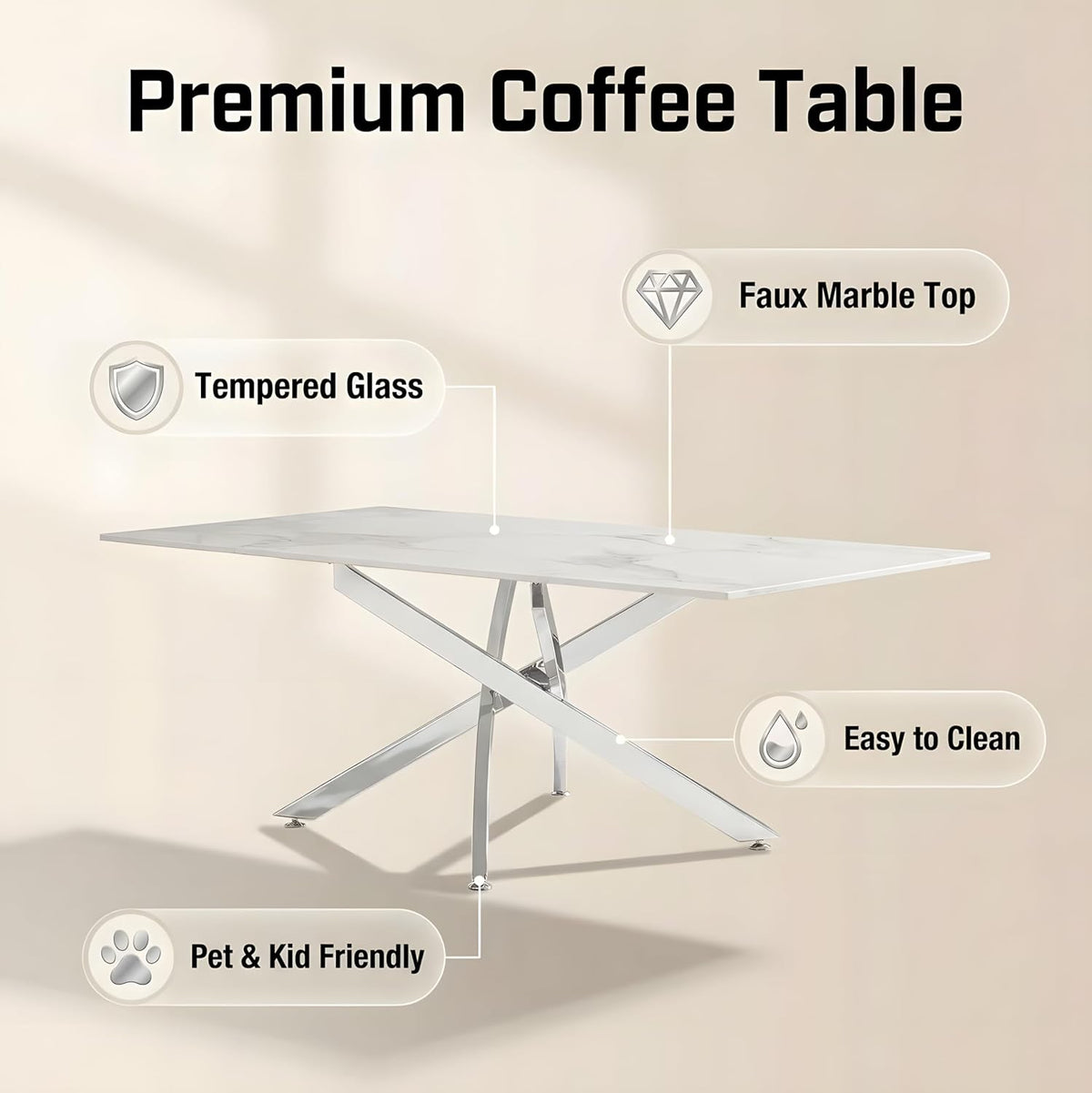 Modern Coffee Table with Marble Grain Top，White Coffee Tables with Silver Legs,Living Room Rectangular Glass Center Tables