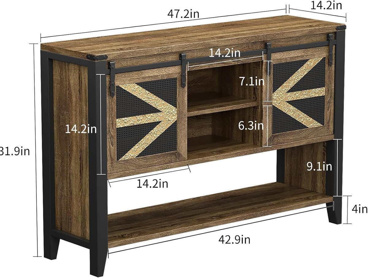 47.2" Farmhouse Console Table with Storage Drawers & Sliding Barn Doors, Hidden Compartment Narrow Rectangle Sofa Table Rustic Entryway Table for Living Room, Hallway, Behind Sofa