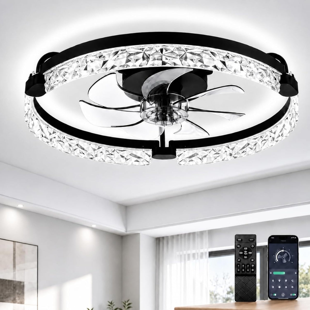 20" Low Profile Fandelier Ceiling Fans with Lights and Remote, Black