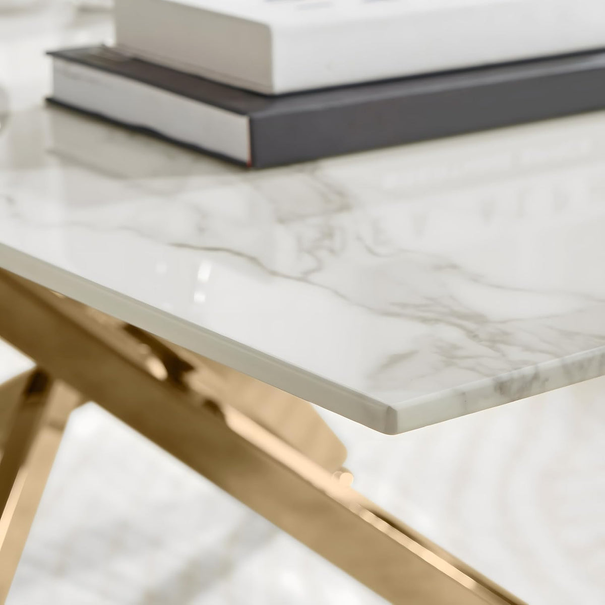 Modern Coffee Table with Marble Grain Top，White Coffee Tables with Gold Legs,Living Room Rectangular Glass Center Tables