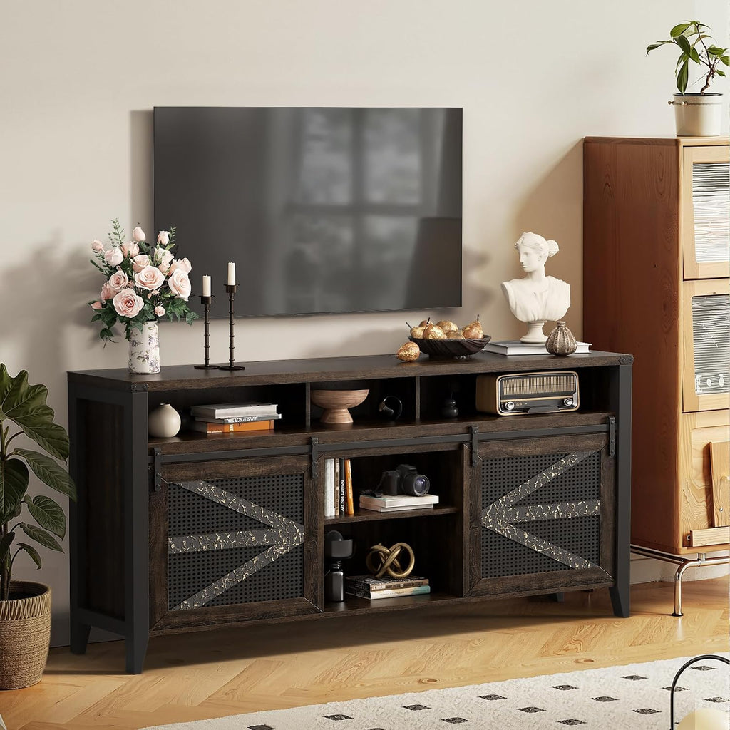70 Inch TV Stand for TVs up to 70", Rustic Farmhouse Media Console with Sliding Barn Doors, 6 Drawers, Entertainment Center for Living Room
