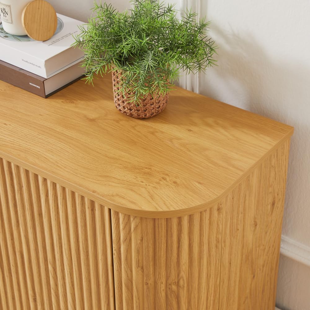 Natural Wood 64-Inch Wavy TV Stand with Rattan Doors, Rounded Storage Cabinet Buffet Sideboard, Vertical Stripe Design for Living Room Bedroom Entryway, 64''W x 15''D x 24''H