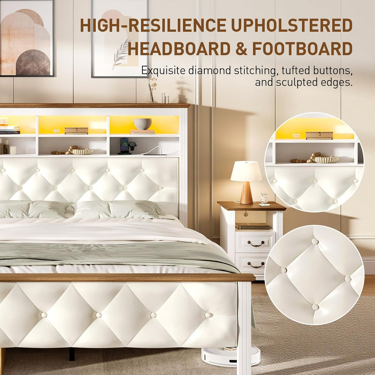 Farmhouse Full Bed Frame with 51" Tall Headboard, Upholstered Full Size Bed Frame with Storage, Charging Station and LED Light, Heavy Duty Wooden Slats, No Box Spring Needed，White