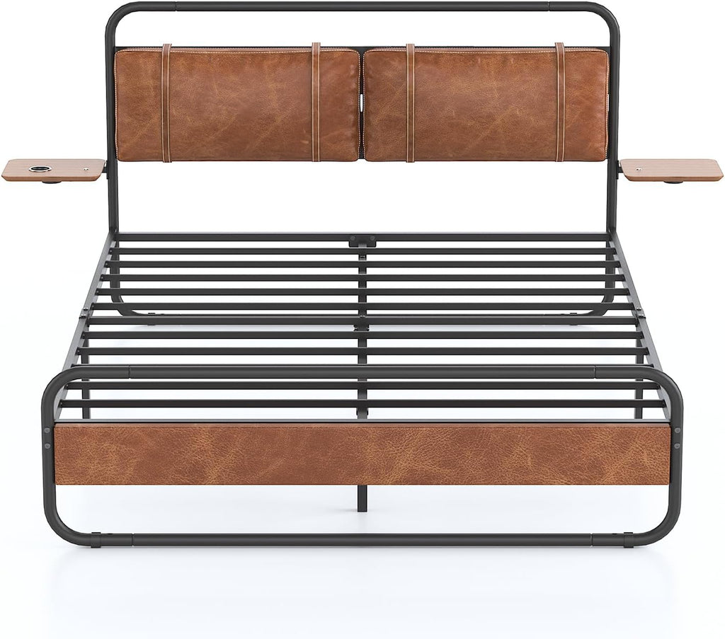 King Size Bed Frame,Metal Platform King Bed Frame, King Bed with Leather Upholstered Headboard, Built in Charging Station & LED, Noise-Free/Metal Slat Support/No Box Spring Needed, USB A+C