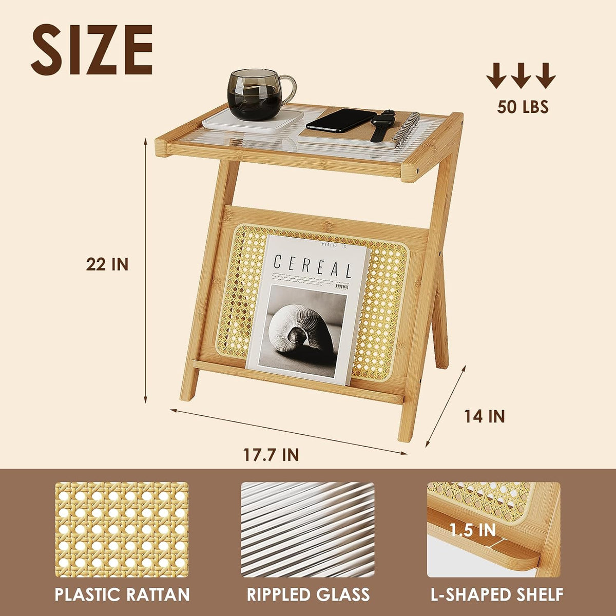 Rattan Side Table Boho Nightstand with Storage Shelf