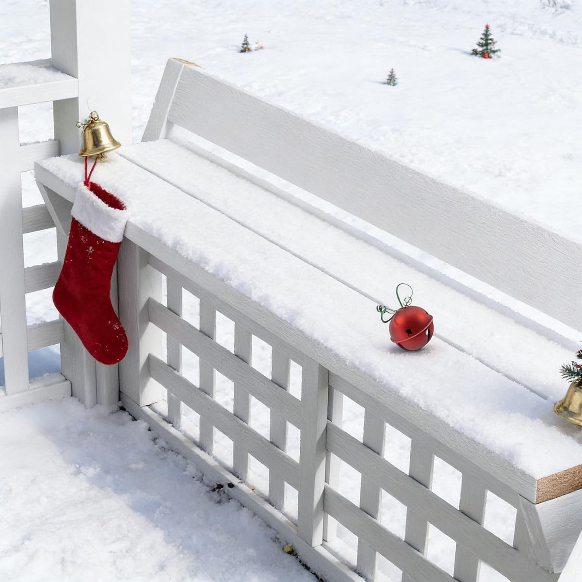 Large White Outdoor Wooden Playhouse for Kids, Weather-Resistant Cedar Fir Wood Backyard Cottage with Bench, Ultimate to Place Near Your White Christmas Tree,
