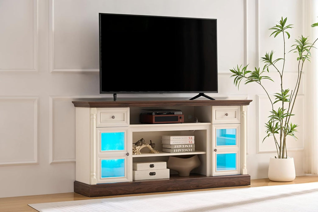 Fireplace TV Stand with Roman Column Styling, Up to 80-inch TV, 70-inch Modern Tall Entertainment Center with LED Lights, Living Room Media Console Media Console for Bedroom