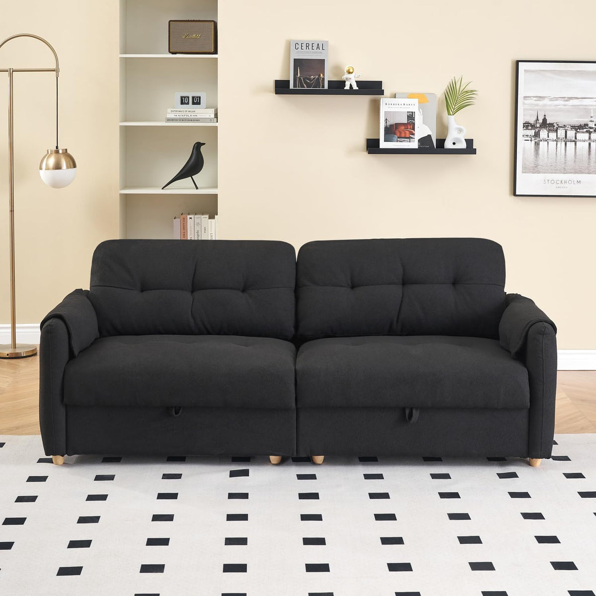 79.50-inch Loveset Couches for Living Room, Modern Teddy Fabric Upholstered Sofa Couch with Seats Storage, Comfy 3-Seater Couch for Bedroom, Office, Apartment (Black)
