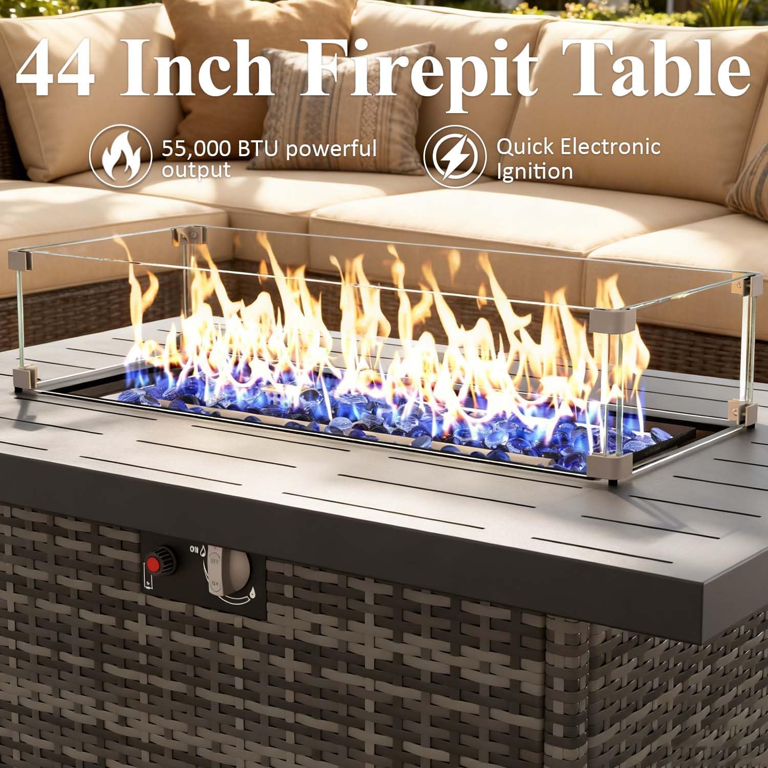 Propane Fire Pit Table, 44 Outdoor Gas Fire Pit with Glass Wind Guard & Waterproof Cover