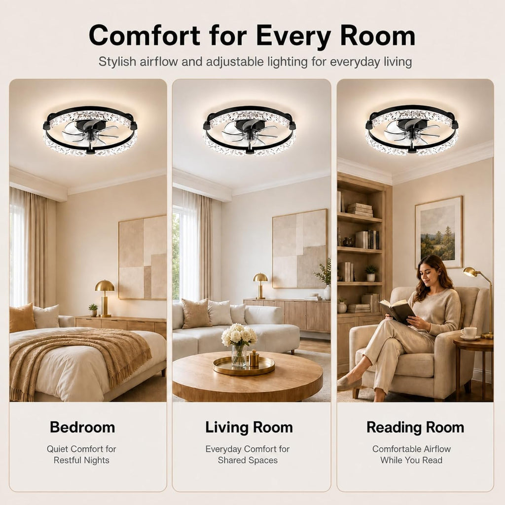 20" Low Profile Fandelier Ceiling Fans with Lights and Remote, Black