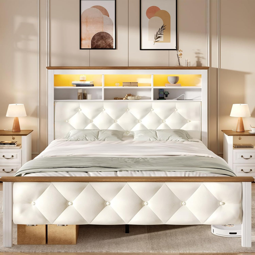 Farmhouse Queen Bed Frame with 51" Tall Headboard, Upholstered Queen Size Bed Frame with Storage, Charging Station and LED Light, Heavy Duty Wooden Slats, No Box Spring Needed，White and Walnut