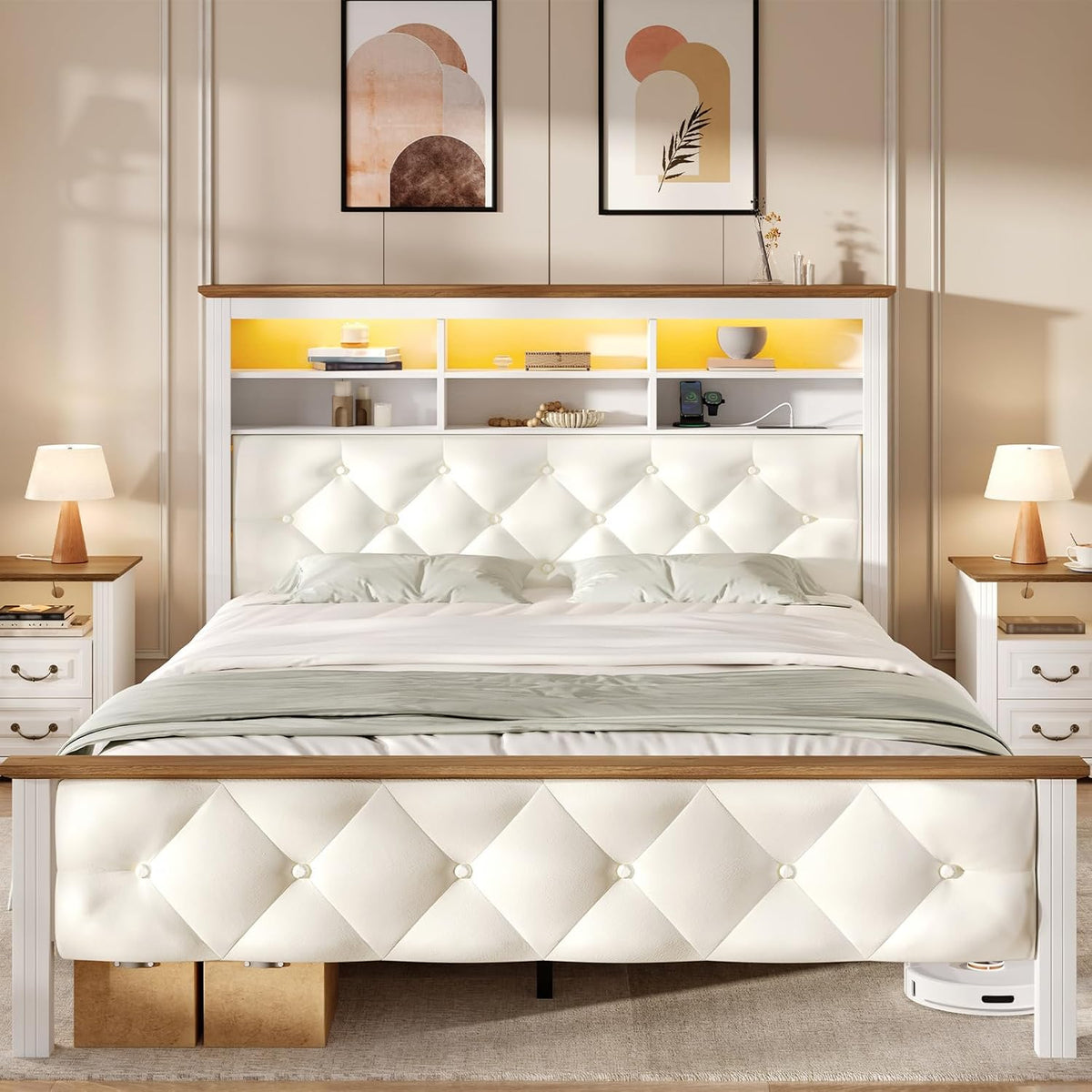 Farmhouse Queen Bed Frame with 51" Tall Headboard, Upholstered Queen Size Bed Frame with Storage, Charging Station and LED Light, Heavy Duty Wooden Slats, No Box Spring Needed，White and Walnut
