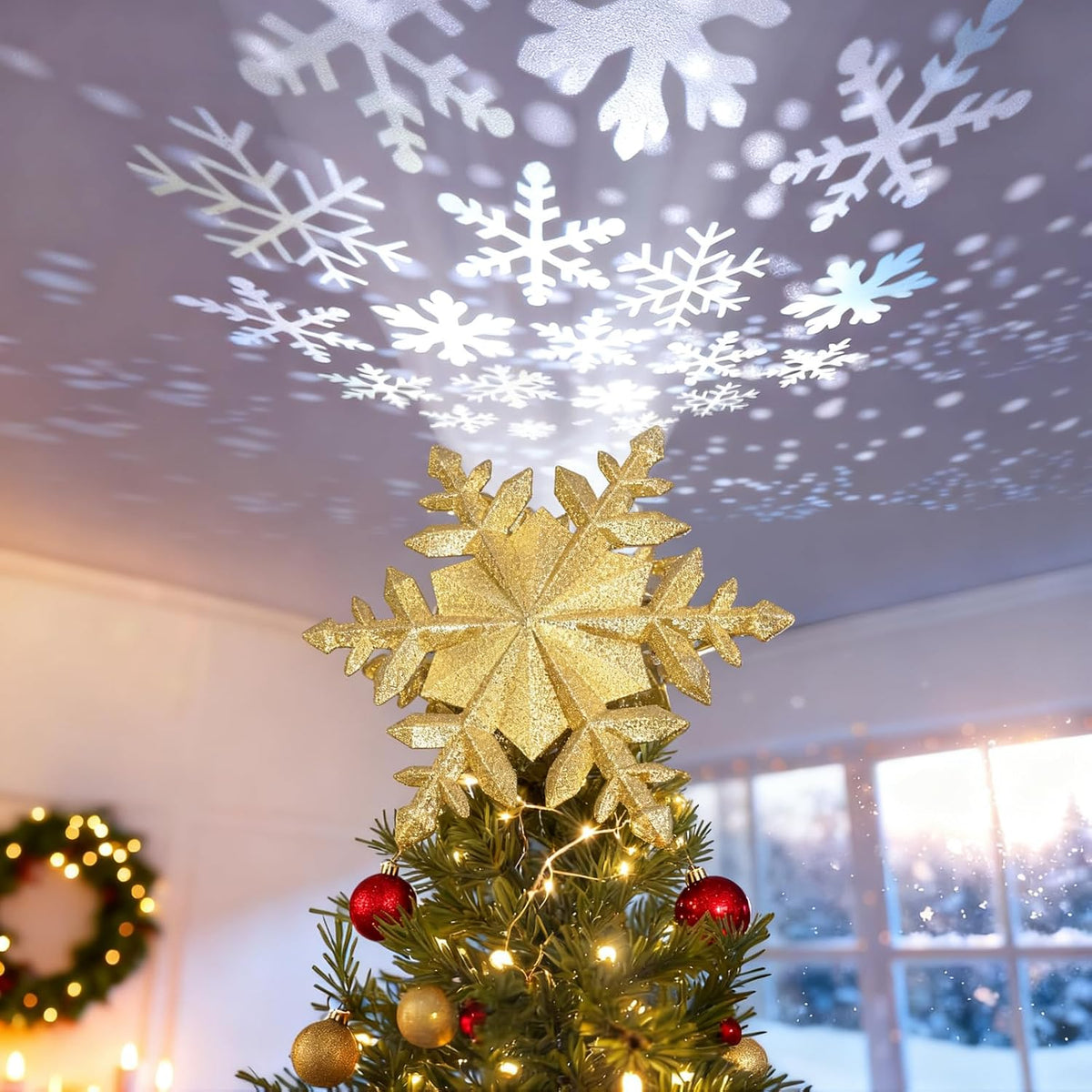 Direct Christmas Tree Topper with Rotating Snowflake Projector, Gold