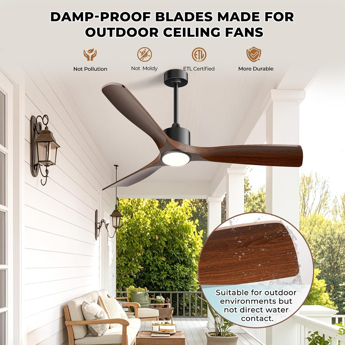 52" Smart Ceiling Fan with Lights,Outdoor Ceiling Fan Compatible with Alexa/App/Remote,3-Color Light 6-Speed Quiet Reversible DC Motor for Patio Porch Living Room,Dark Walnut