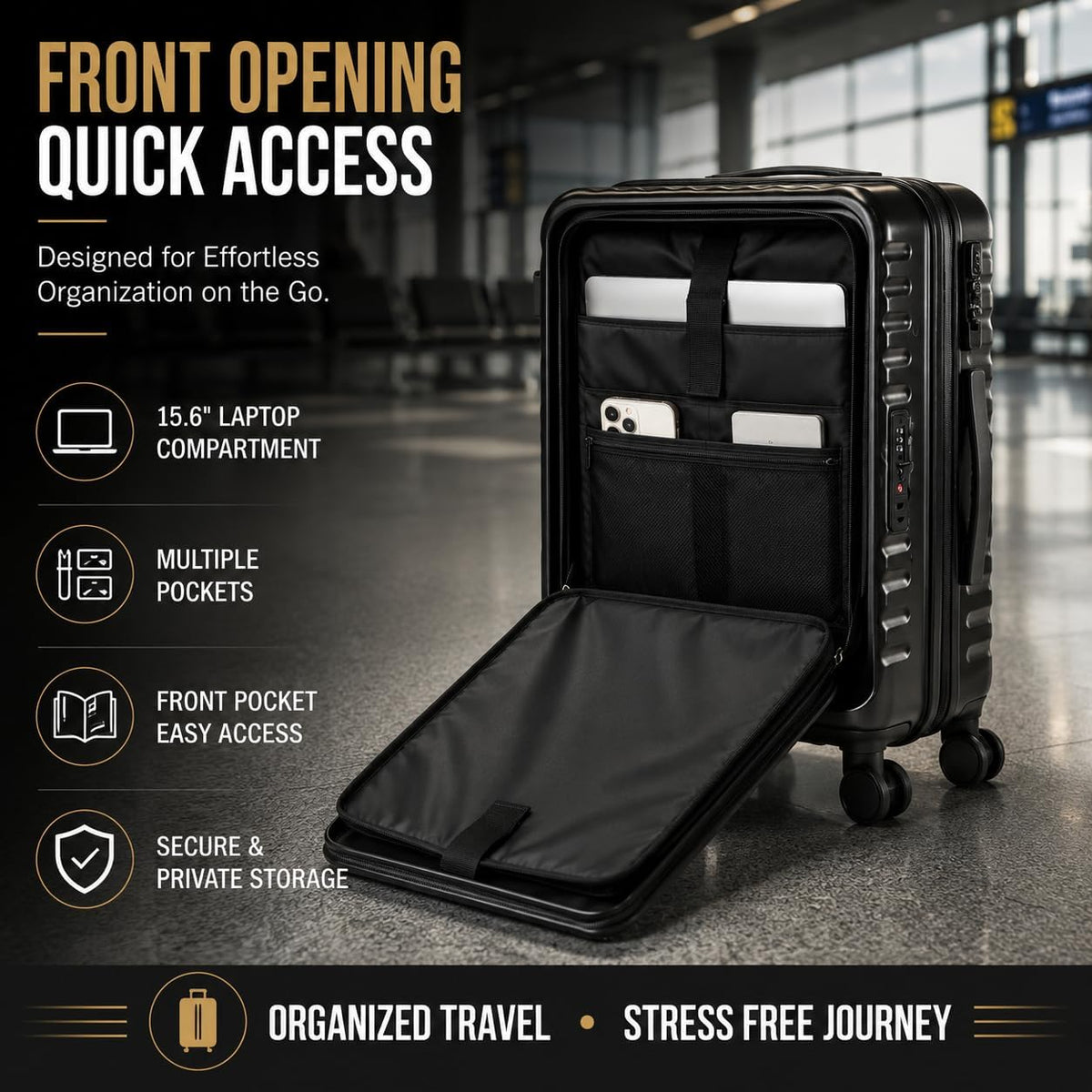 3 Piece Carry On Black Luggage Set, 20 Inch Front Opening Hardside Suitcase, Spinner Wheels, TSA Lock
