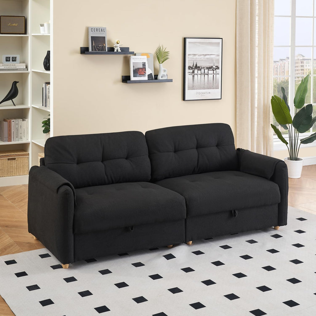 79.50-inch Loveset Couches for Living Room, Modern Teddy Fabric Upholstered Sofa Couch with Seats Storage, Comfy 3-Seater Couch for Bedroom, Office, Apartment (Black)