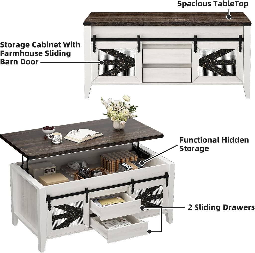 47.2" Lift Top Coffee Table with Hidden Compartment, Storage Drawers & Sliding Barn Doors, Farmhouse Rectangle Coffee Table for Living Room, Rustic Brown & White
