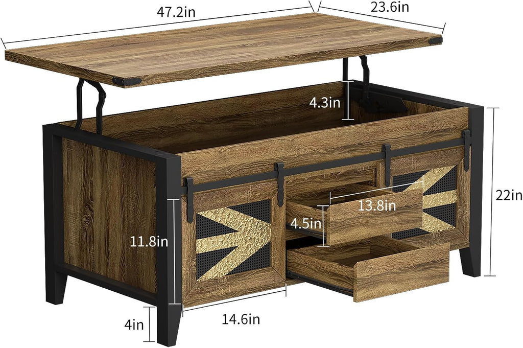 47.2" Lift Top Coffee Table with Hidden Compartment, Storage Drawers & Sliding Barn Doors, Farmhouse Rectangle Coffee Table for Living Room, Rustic Oak