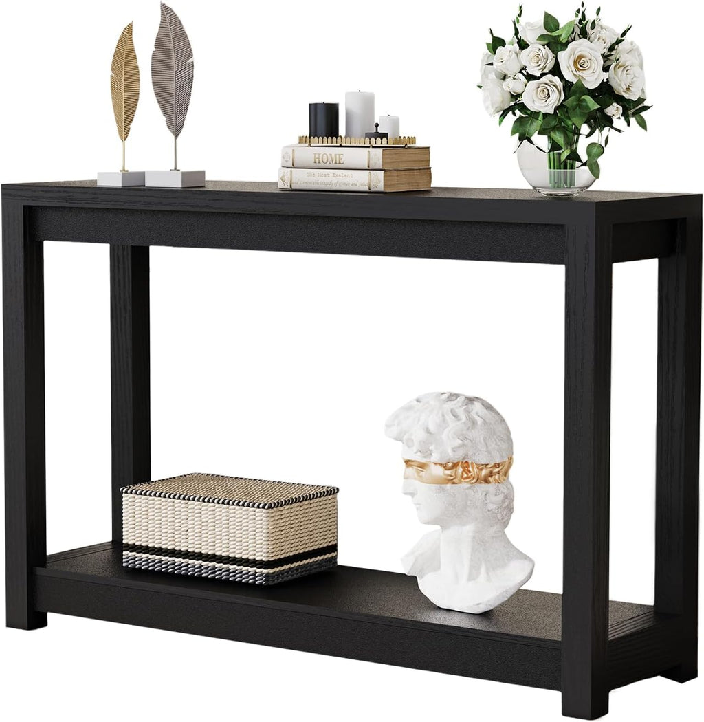 47" Entryway Table, Long Narrow Console Table with Shelves, Farmhouse Wood Sofa Table Behind Couch, Rustic Entry Table for Hallway, Living Room or Foyer, Black