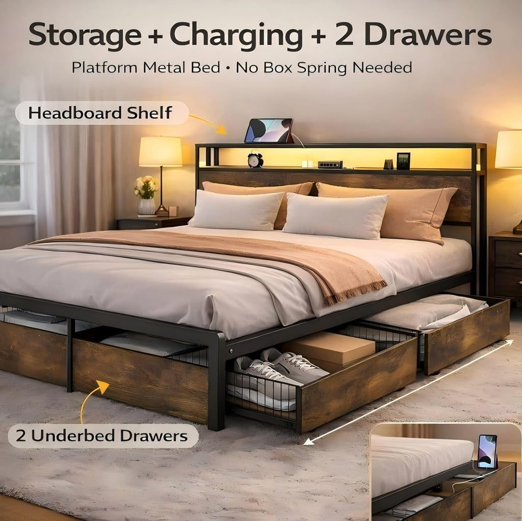Metal Platform Bed Frame King Size with Wood Headboard and Footboard & USB Charging Station and Smart LED Lights (King)