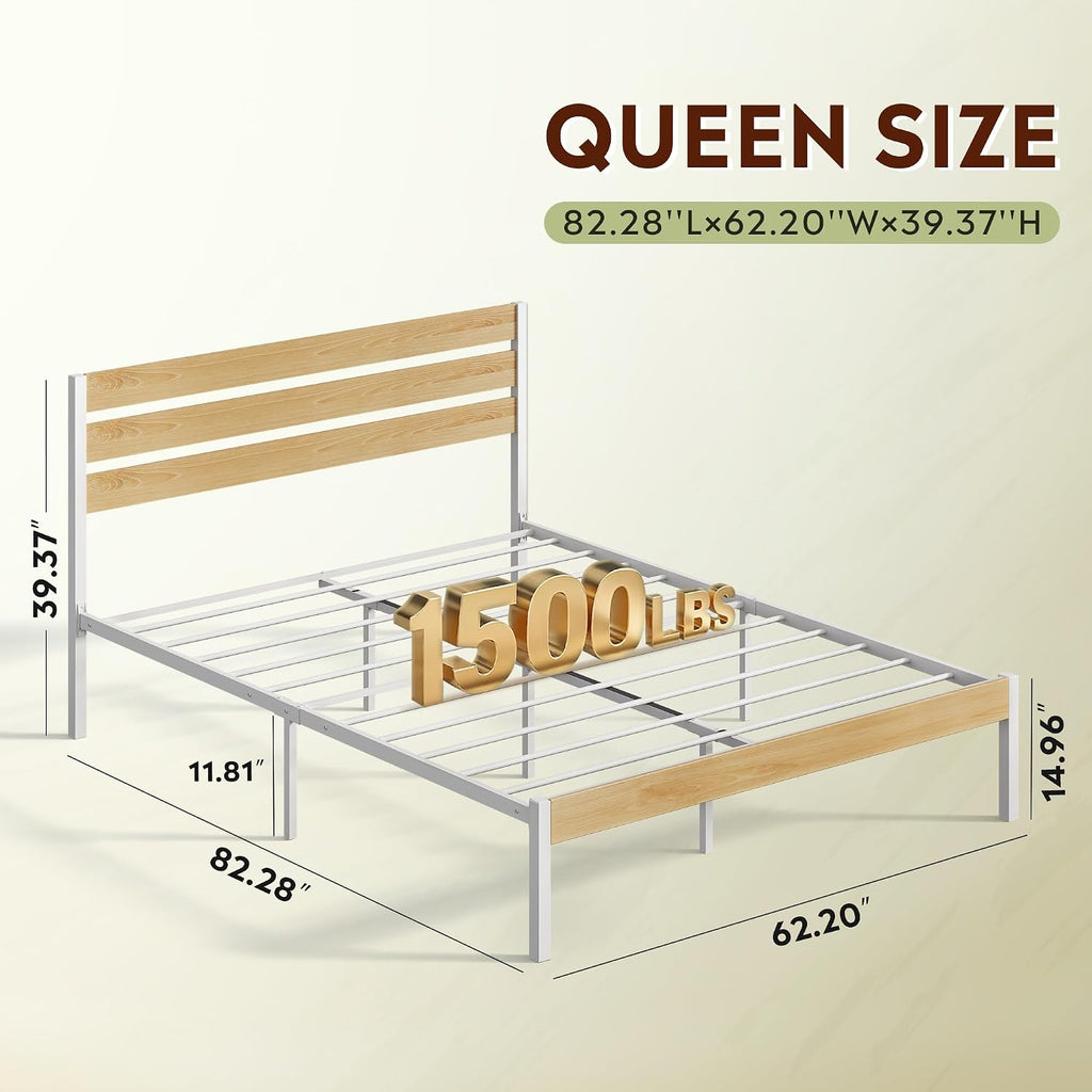 Queen Bed Frame with Headboard, Metal Platform Bed Frame with Under Bed Storage, 1500LBS Mattress Foundation, No Box Spring Needed, Easy Assembly, Natural Oak