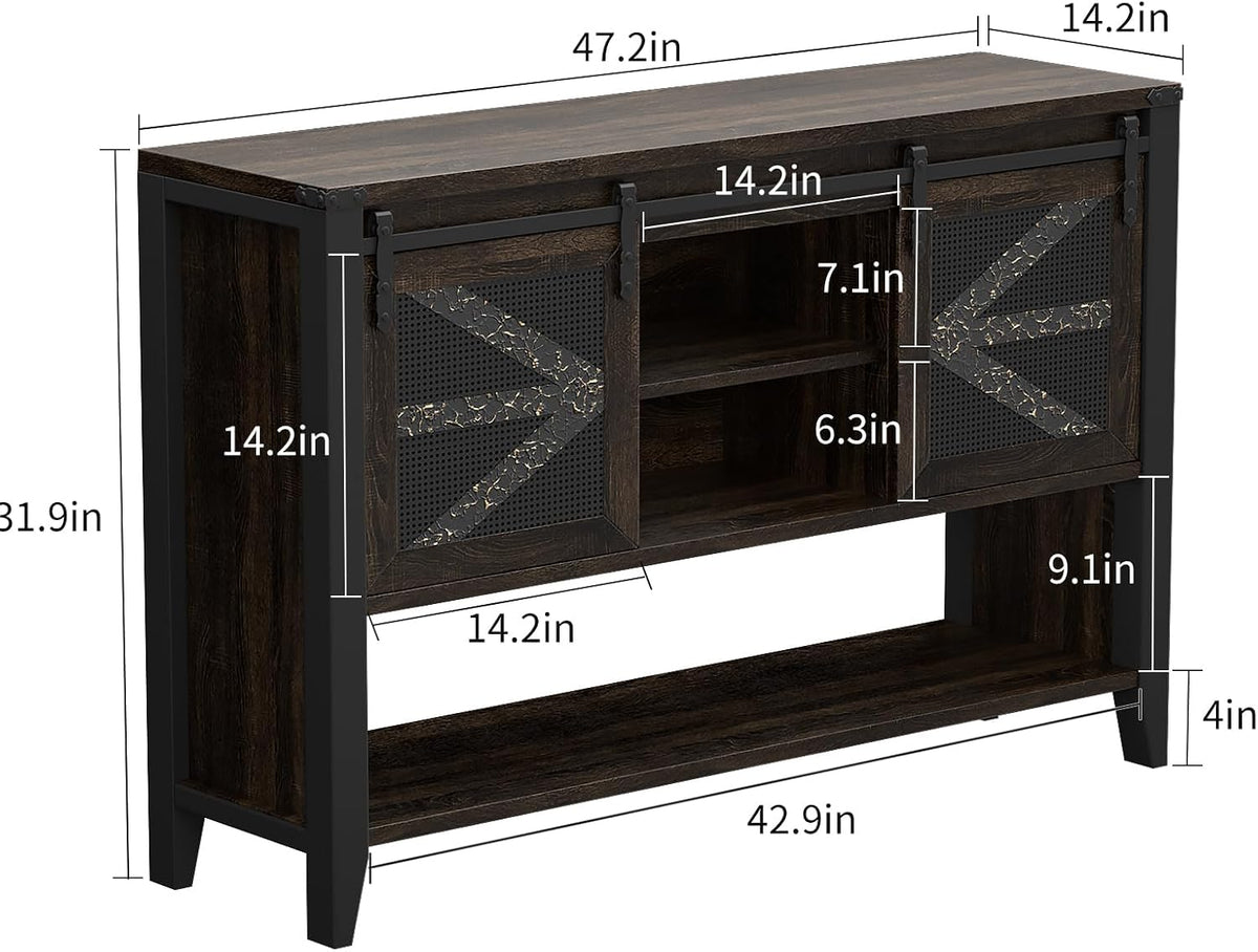 47.2" Farmhouse Console Table with Storage Drawers & Sliding Barn Doors, Hidden Compartment Narrow Rectangle Sofa Table Rustic Entryway Table for Living Room, Hallway, Behind Sofa