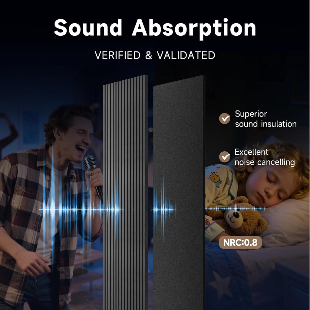 Soundproof Wood Slat Wall Panels, 4 Pack 94.5" x 7.9", Black