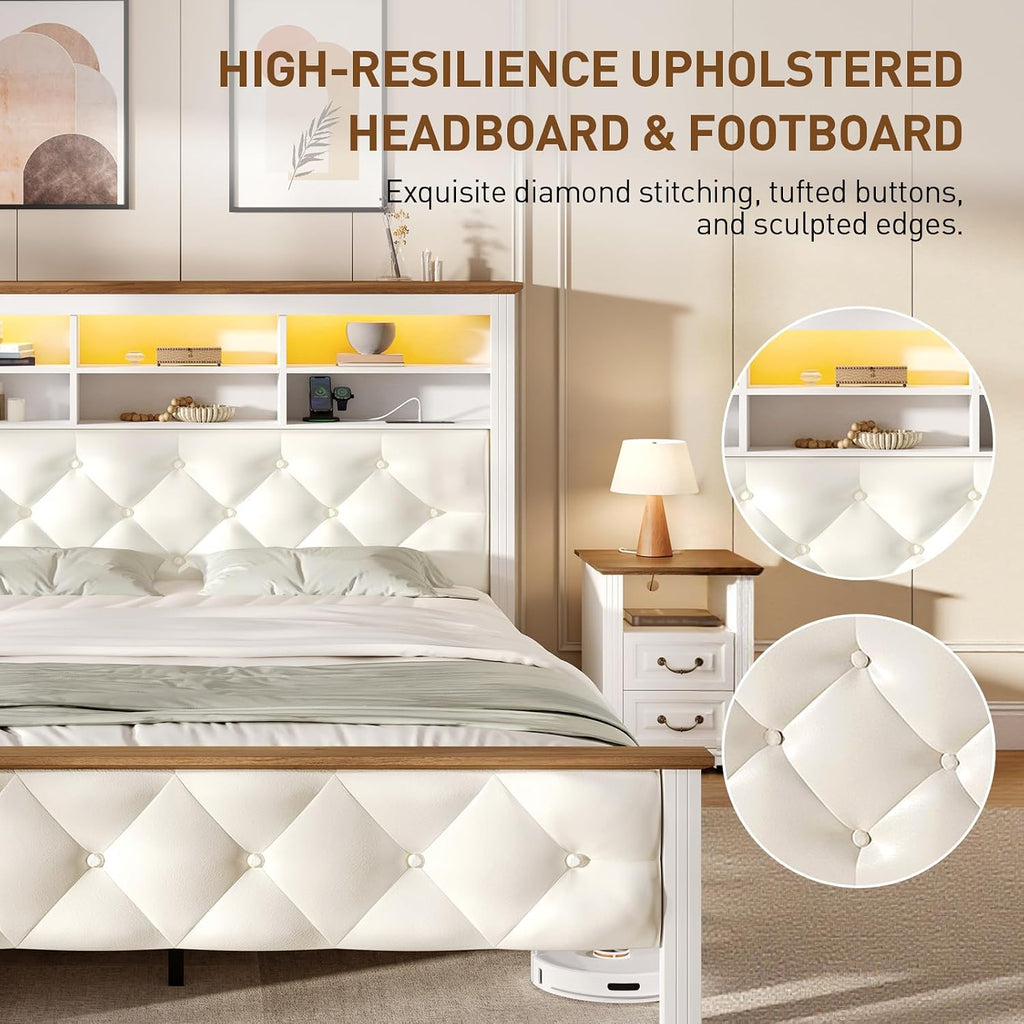 Farmhouse Queen Bed Frame with 51" Tall Headboard, Upholstered Queen Size Bed Frame with Storage, Charging Station and LED Light, Heavy Duty Wooden Slats, No Box Spring Needed，White and Walnut
