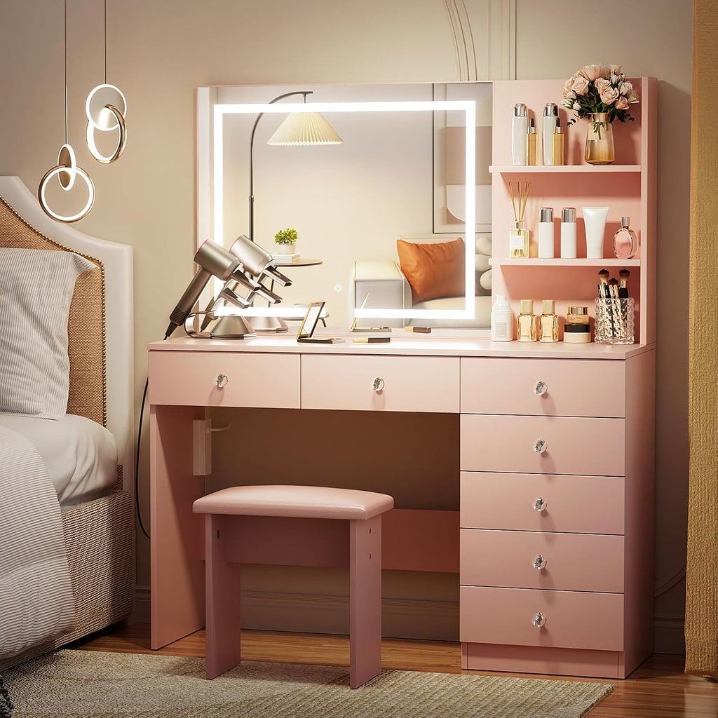 VOWNER Pink Vanity with Lighted Mirror - 47" Makeup Vanity Desk with 7 Drawers