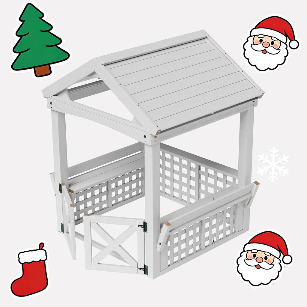 Large White Outdoor Wooden Playhouse for Kids, Weather-Resistant Cedar Fir Wood Backyard Cottage with Bench, Ultimate to Place Near Your White Christmas Tree,