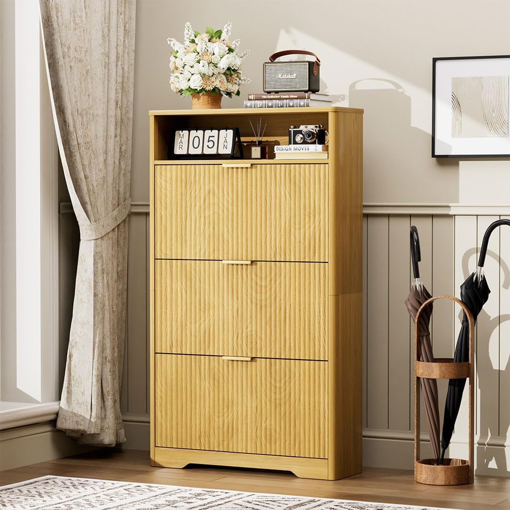 Fluted Shoe Cabinet with 3 Flip Drawers, Narrow Slim Hidden Shoe Rack for 24–30 Pairs, Freestanding Wooden Shoe Storage Organizer Cabinet for Entryway, Hallway, Living Room,Natural