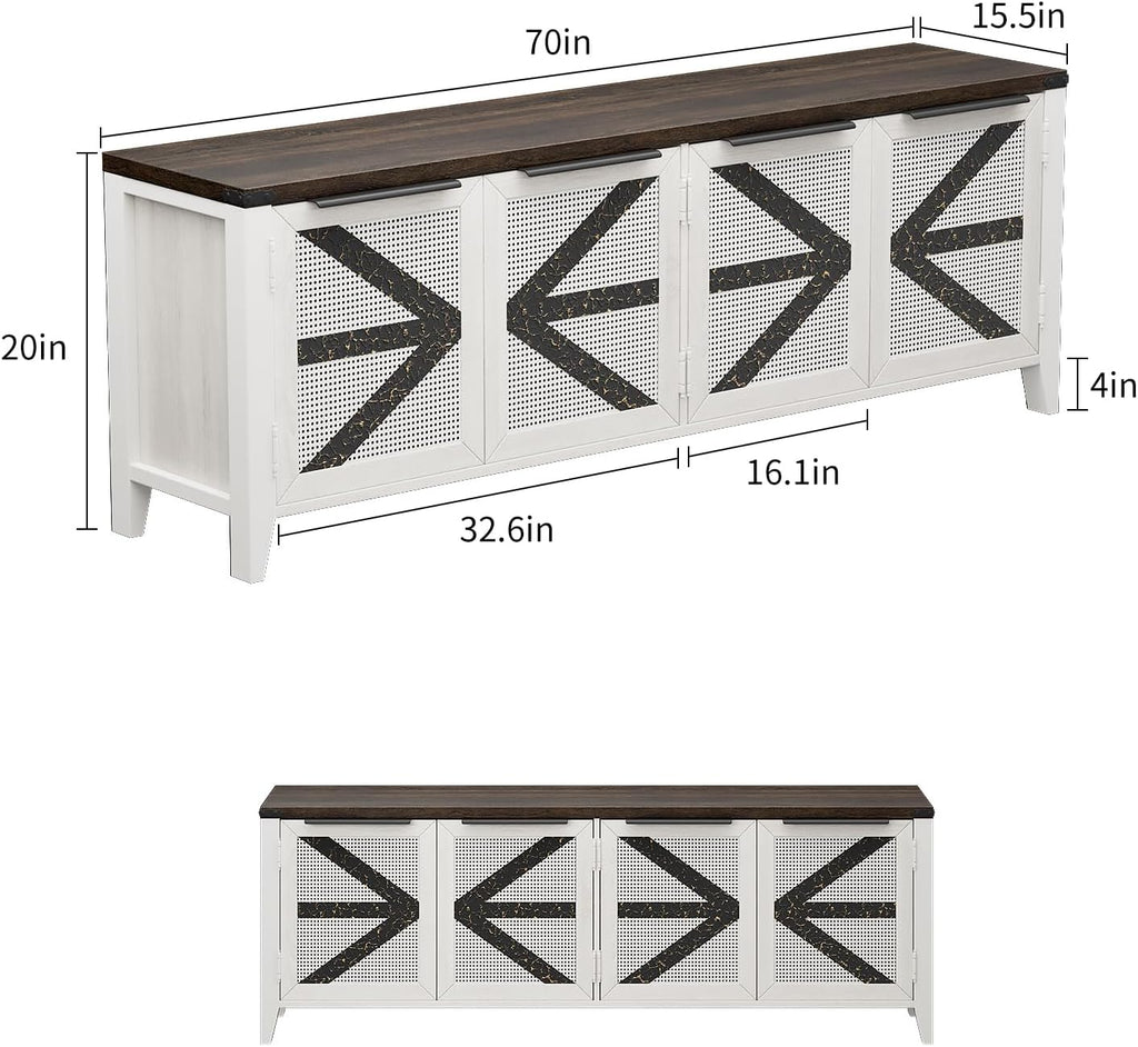 70 Inch Farmhouse TV Stand for 75 Inch TV, Rustic Entertainment Center with 4 Doors, Wood Media Console Cabinet with Storage, Living Room TV Cabinet