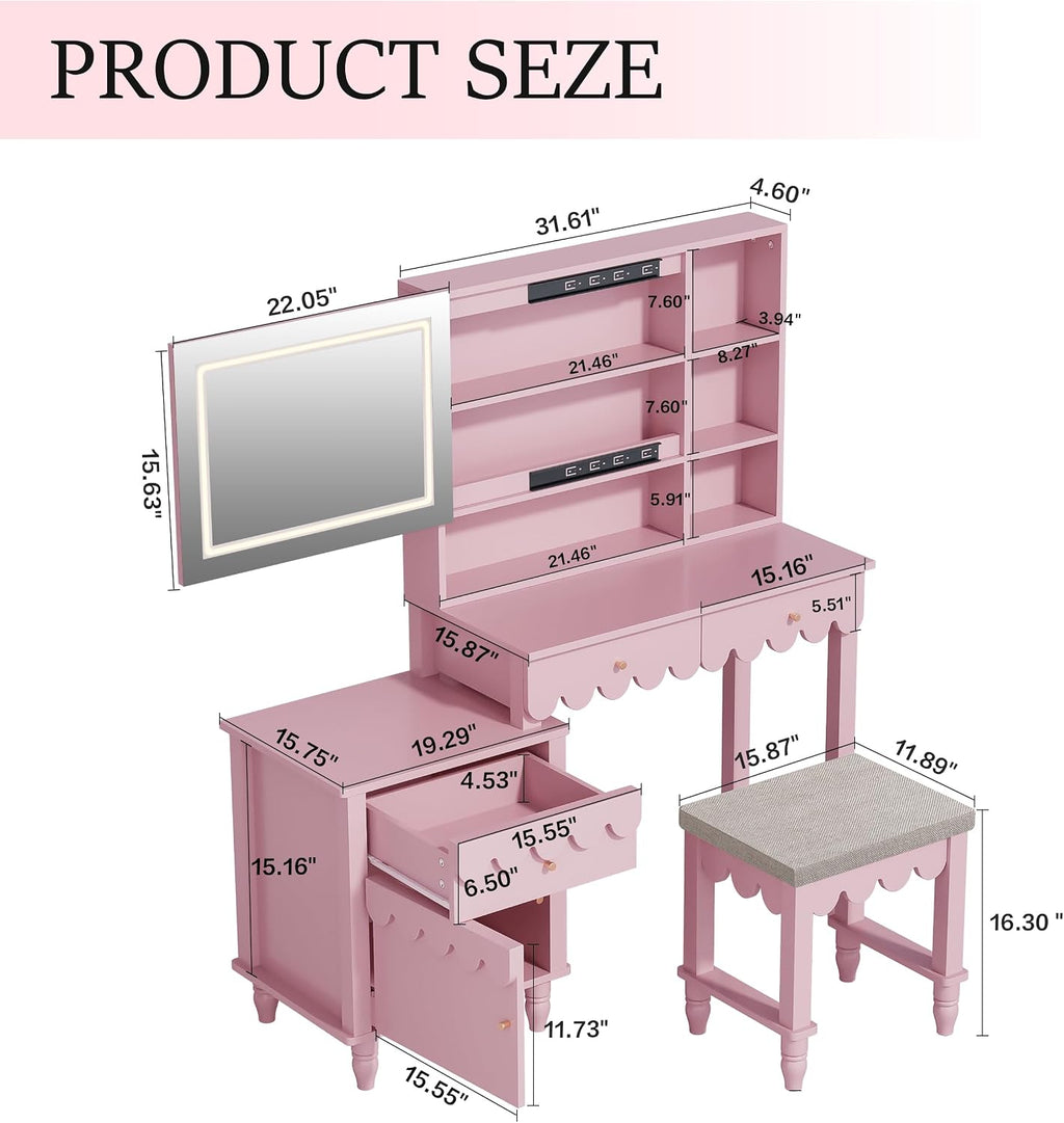 Pink Makeup Vanity Desk With 3 Color Touch Screen Lighted Sliding Mirror, Scalloped Large Vanity Table Set with Storage & Drawers Fluted Petal Pattern Dressing Table with Cushioned Stool for Bedroom