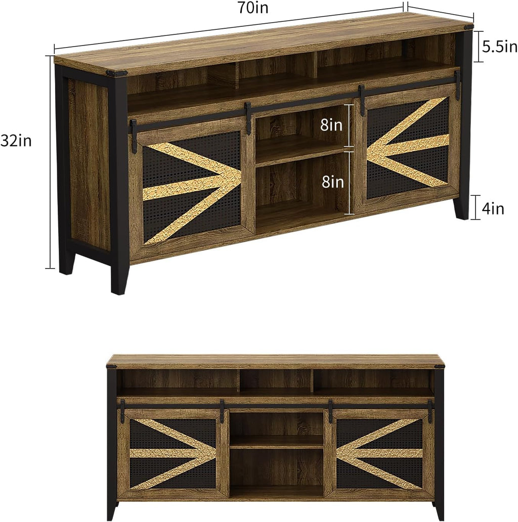 70 Inch TV Stand for TVs up to 70", Rustic Farmhouse Media Console with Sliding Barn Doors, 6 Drawers, Entertainment Center for Living Room