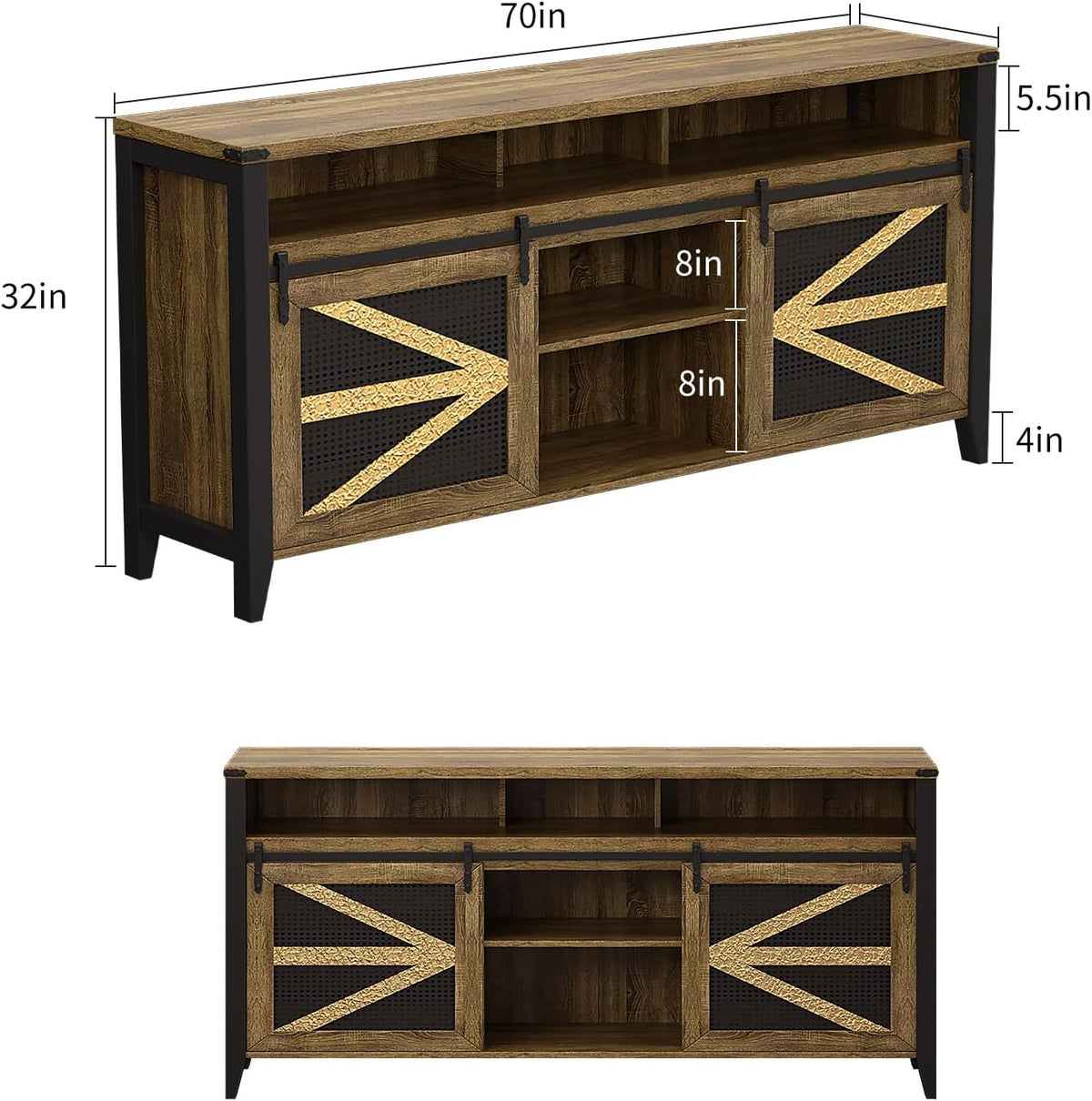 70 Inch TV Stand for TVs up to 70", Rustic Farmhouse Media Console with Sliding Barn Doors, 6 Drawers, Entertainment Center for Living Room