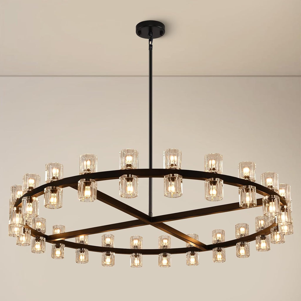 48 inch Black Round Chandeliers Light Fixture, Crystal Chandeliers for Dining Room, Living Room Chandelier, Wagon Wheel Chandelier Over Table, Suitable for Bedroom,Foyer,Includes Bulb