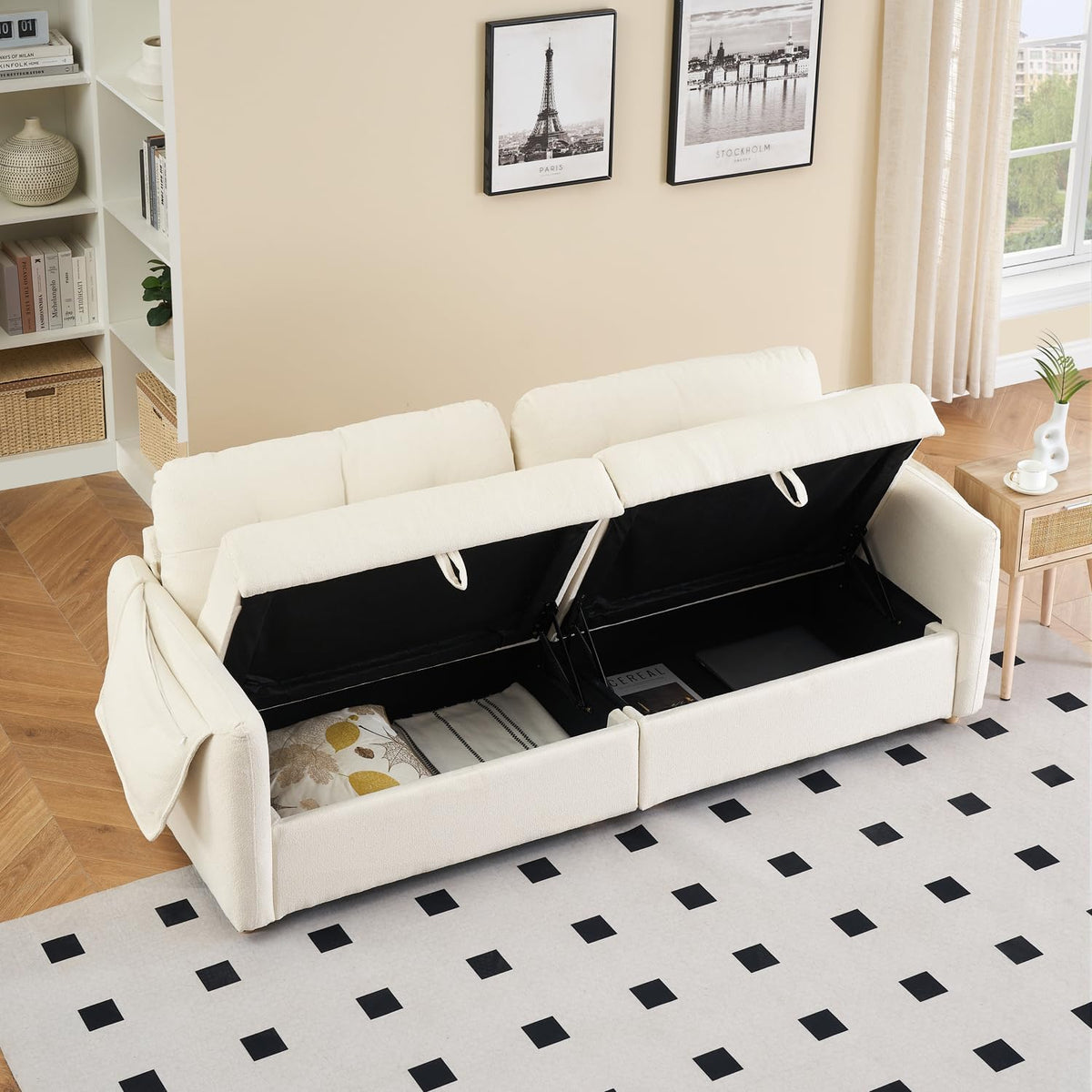 79.50-inch Loveset Couches for Living Room, Modern Teddy Fabric Upholstered Sofa Couch with Seats Storage, Comfy 3-Seater Couch for Bedroom, Office, Apartmen (Beige)