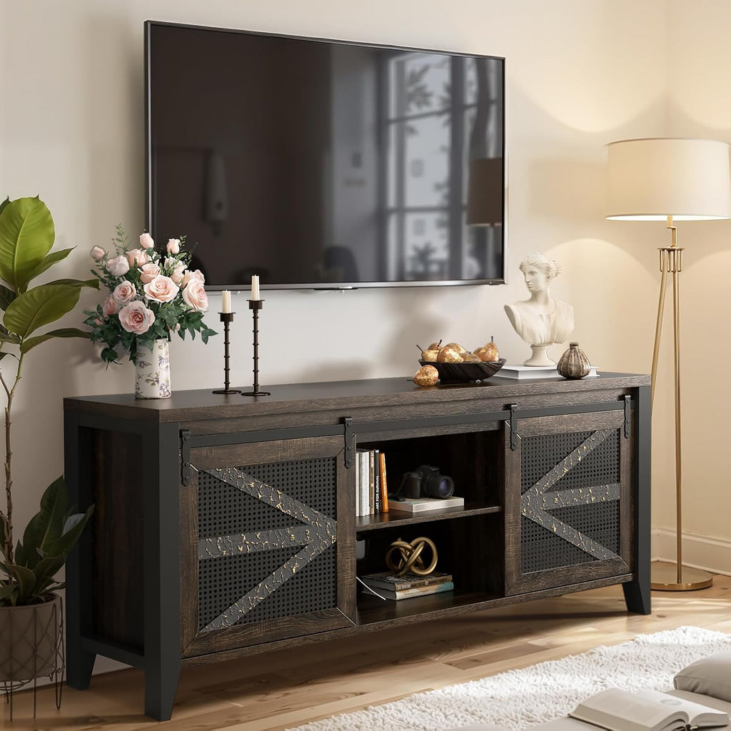 60 Inch TV Stand for TVs up to 65", Rustic Farmhouse Media Console with Sliding Barn Doors, 6 Drawers, Entertainment Center for Living Room