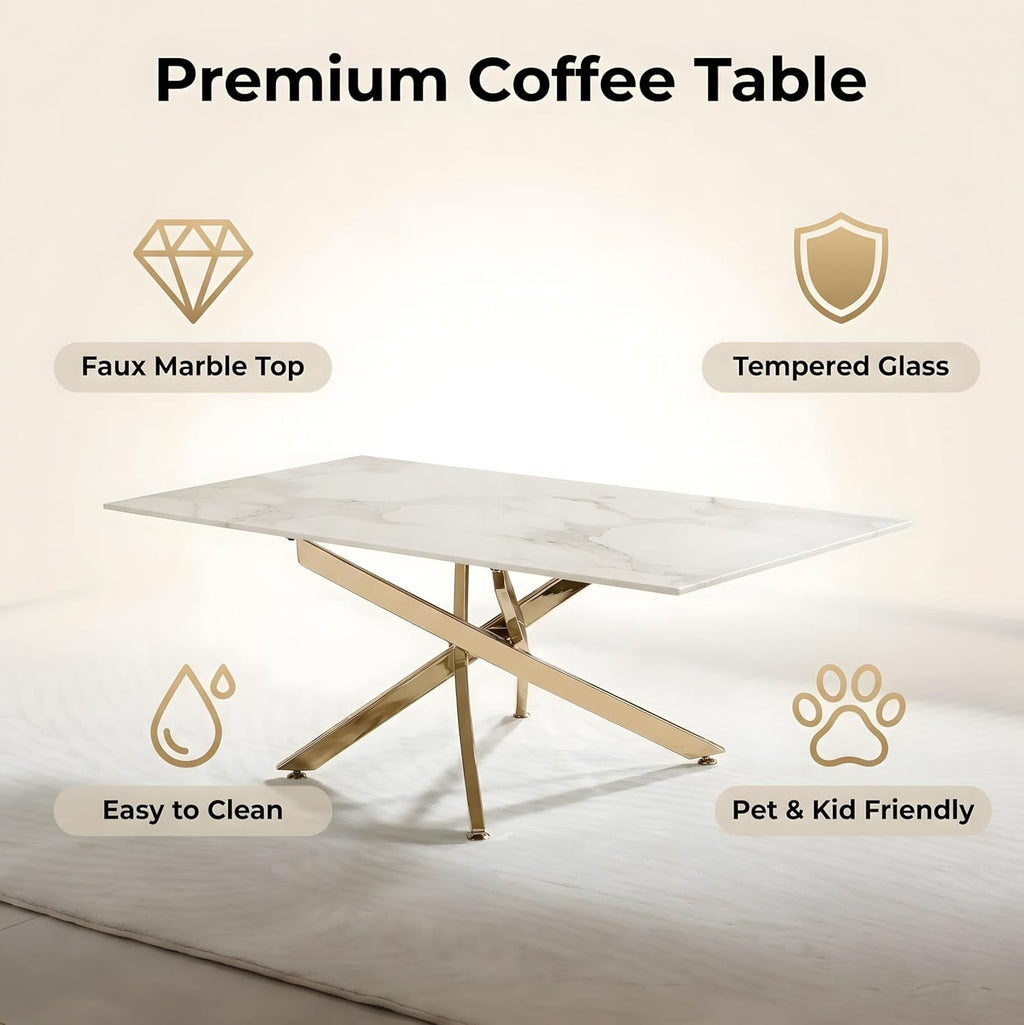 Modern Coffee Table with Marble Grain Top，White Coffee Tables with Gold Legs,Living Room Rectangular Glass Center Tables
