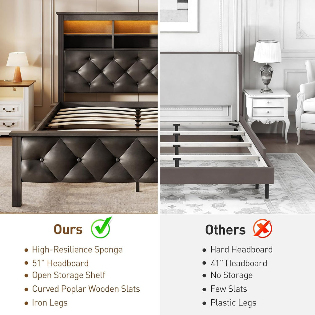 Farmhouse Queen Bed Frame with 51" Tall Headboard, Upholstered Queen Size Bed Frame with Storage, Charging Station and LED Light, Heavy Duty Wooden Slats, No Box Spring Needed，Black