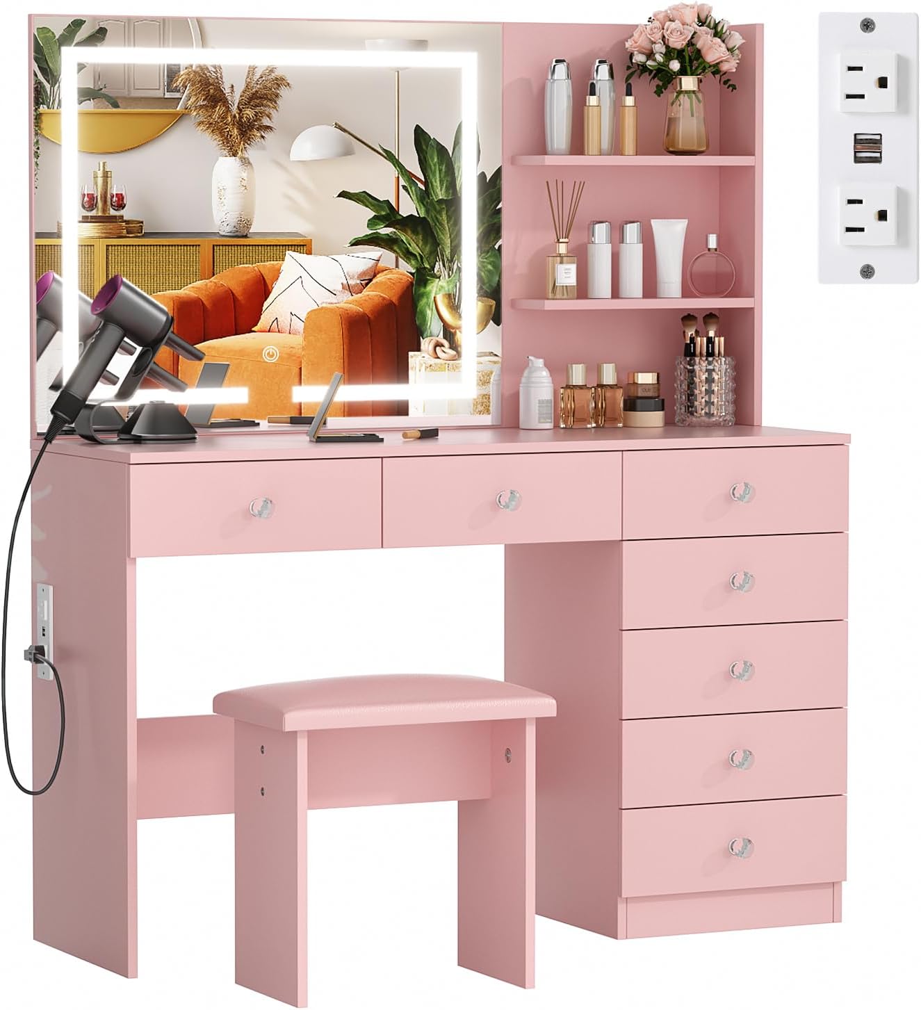 VOWNER Pink Vanity with Lighted Mirror - 47" Makeup Vanity Desk with 7 Drawers