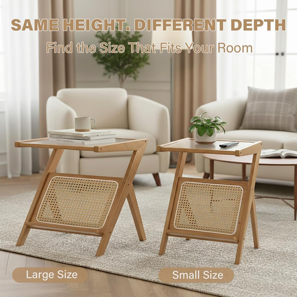 Large Wood Rattan Nightstand, Bamboo Side Table with Glass Top