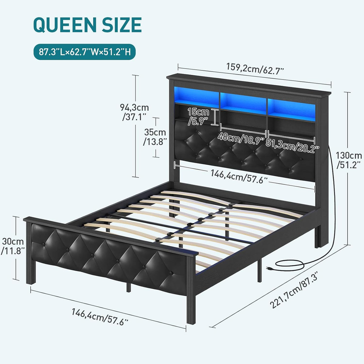 Farmhouse Queen Bed Frame with 51" Tall Headboard, Upholstered Queen Size Bed Frame with Storage, Charging Station and LED Light, Heavy Duty Wooden Slats, No Box Spring Needed，Black